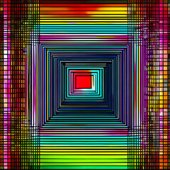 A colorful, abstract square design with a red square in the center.