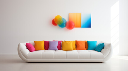 Modern Living Room with Vibrant Throw Pillows and Artwork