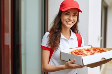 food delivery as a pizza delivery woman, dressed in a white shirt and uniform, holds a stack of pizza boxes, ready to fulfill orders right at your doorstep. - obrazy, fototapety, plakaty