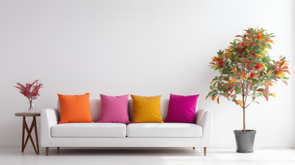 Modern White Sofa with Colorful Pillows and Red Plant in Vase