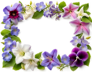 Elegant lavender jasmine lily hollyhocks pansy and periwinkle flowers border frame