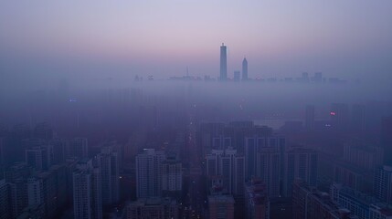 Fototapeta premium Urban skyline masked by PM 2.5, spotlighting urgent tech innovations and streamer awareness ,4K, HD, low noise