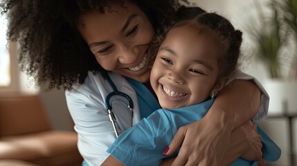 A caring nurse embraces a smiling young girl, providing comfort during a home healthcare visit ,4K, HD, low noise