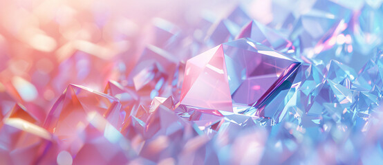 3D rendering of a colorful geometric background with blurred glass crystals, using a light blue and pink color palette, on a white background. Abstract polygonal shapes are in the foreground 