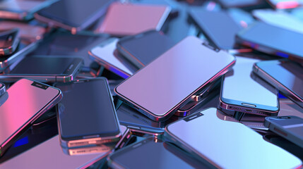 A pile of many mobile phones on a table. The background features various types and models of smartphones. A concept for technology, advertising, sales or marketing business. 