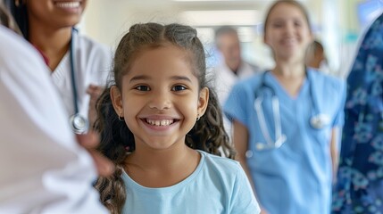A smiling girl receiving cheerful pediatric care from medical staff as she strolls through the hospital with support and assistance ,4K, HD, low noise - obrazy, fototapety, plakaty