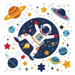 Cute and unique astronaut illustration for children's apparel design, book covers, wrapping paper, or other print media. Isolated on white background 