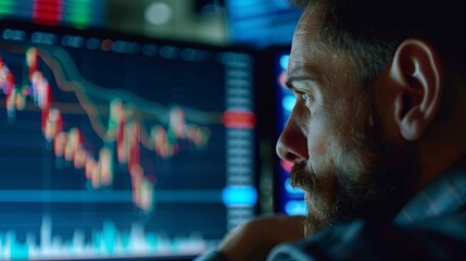 Close-up of a distressed investor watching stock market data dive, a moment of financial crisis ,4K, HD, low noise - obrazy, fototapety, plakaty