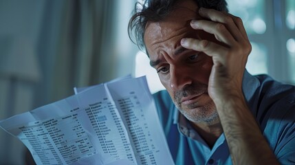 Exhausted Man Contemplating Financial Statements