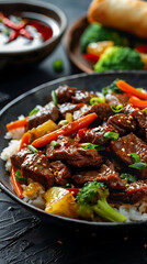 Sliced beef stir-fried with mixed vegetables and teriyaki sauce, served over steamed rice with a side of egg rolls, delicious food style, blur background, natural look