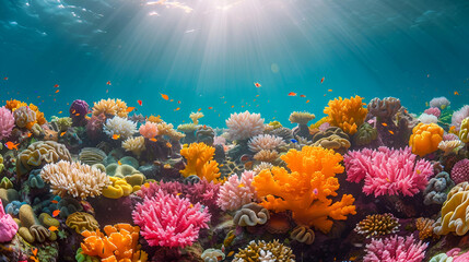 Obraz na płótnie Canvas Undersea Coral Splendor, Marine Life Photography Style, Ocean Conservation Concept, Perfect for Environmental Awareness Campaigns, Aquatic Wildlife Documentaries, Marine Biology Educational Content.