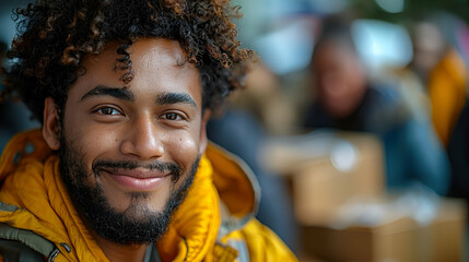 Cheerful Young Man with a Warm Smile, Urban Lifestyle Style, Positive Human Emotions Concept, Suitable for Community Engagement Brochures, Positive Mental Health Awareness, Urban Social Life Promotion