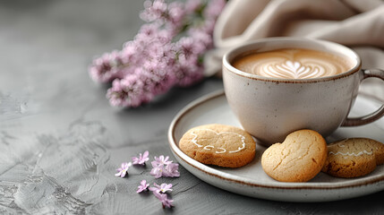 Coffee with Cookies and Flowers, Cozy Afternoon Style, Relaxation and Comfort Concept, Suitable for Café Menus, Lifestyle Blogging, Home and Living Magazines.