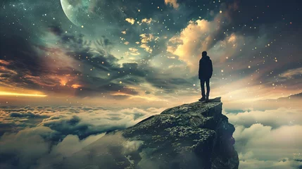 Deurstickers Man Standing on Cliff Overlooking Cosmic Sky, Adventure Dream Style, Exploration and Wonder Concept, Suitable for Inspirational Book Covers, Motivational Workshops, Visionary Art Collections. © Lolik