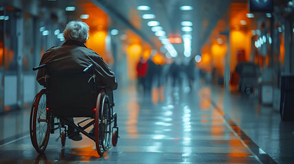 Senior in Wheelchair, Healthcare and Loneliness Concept, Relevant for Medical Brochures, Elder Care Services, Inclusivity Campaigns, with copy space.