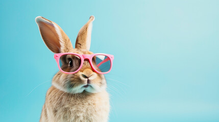 Fashionable rabbit with pink sunglasses, quirky charm, light blue background