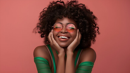 Fototapeta premium Joyful young woman in colorful sunglasses posing with a vibrant smile against a pink background.