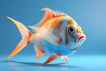 A high-resolution 3D render of a vibrant orange and blue fish against a blue background.