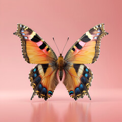 A vibrant butterfly with open wings on a soft pink background.