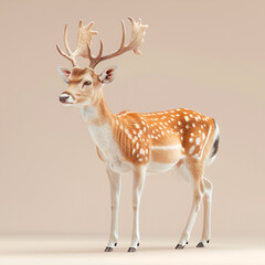 Obraz premium A photorealistic illustration of a majestic spotted deer with large antlers on a soft beige background.