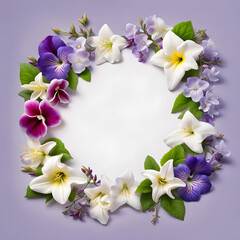 Elegant lavender jasmine lily hollyhocks pansy and periwinkle flowers border frame on pigeon blue...