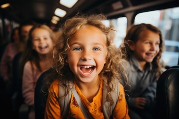 Joyful ride: fun students on a school bus, sharing laughter and creating memories on their journey to school, embodying the spirit of friendship and adventure during their commute together - obrazy, fototapety, plakaty