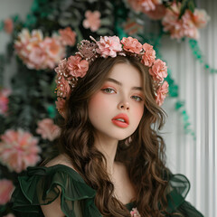 Fototapeta premium A young woman with a floral crown poses amidst flowers, showcasing a romantic and ethereal style.