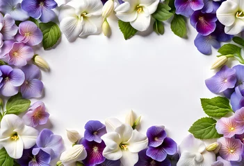Foto auf Alu-Dibond Landscape image of lavender jasmine lily hollyhocks pansy and periwinkle flowers border frame © Spring of Sheba