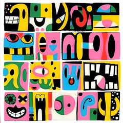 A vibrant abstract painting with various cartoon-like faces and shapes in bold colors.