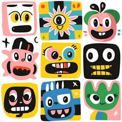 Naklejka premium A colorful collage of various quirky cartoon faces with expressive features and whimsical designs.