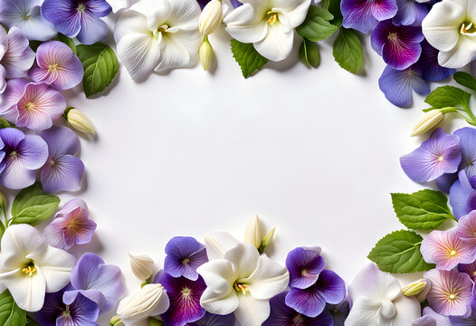 Landscape image of lavender jasmine lily hollyhocks pansy and periwinkle flowers border frame