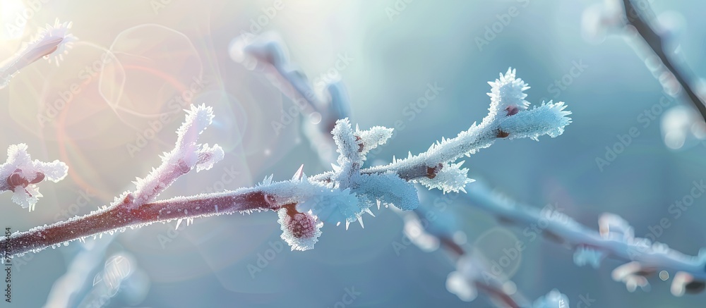 Poster an artistic macro photography shot of a twig from a tree branch covered in freezing frost, with wate