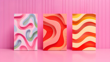 Three colorful abstract paintings with wavy patterns on a pink background displayed in a row.