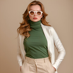 Stylish woman posing in a turtleneck and white jacket with sunglasses on a beige background.