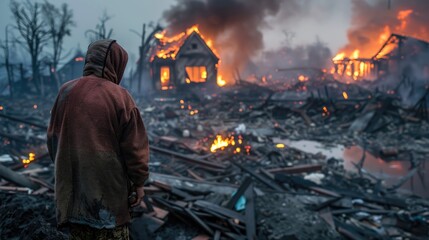 Devastation of a natural disaster, a poignant portrayal capturing emotional impact and destructive force unleashed by nature's fury, evoking a profound sense of loss and resilience in its aftermath. - obrazy, fototapety, plakaty