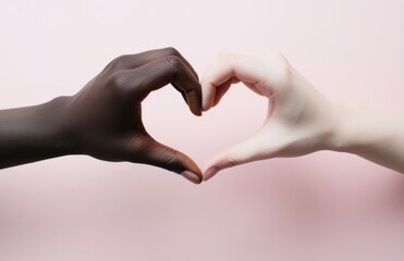 Hands of white and black people making a heart shape isolated on a pastel pink background shot in a studio for the concept of love and sharing. Generative AI.