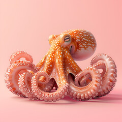 Detailed 3D illustration of an orange octopus on a pink background.