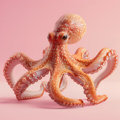 A highly detailed, realistic 3D rendering of an octopus on a pink background.