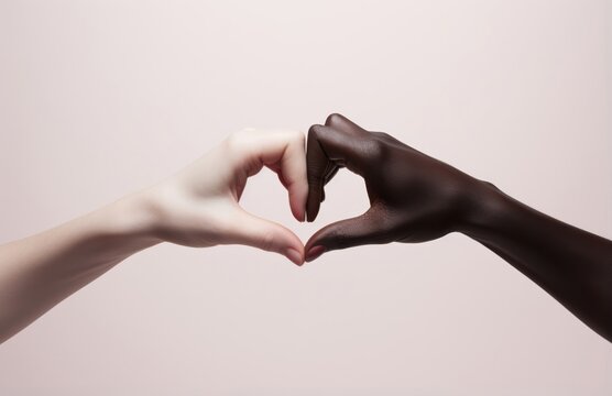 Hands of white and black people making a heart shape isolated on a pastel pink background shot in a studio for the concept of love and sharing. Generative AI.