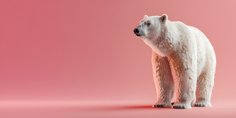 A solitary polar bear stands against a soft pink background, giving a calm and serene vibe.