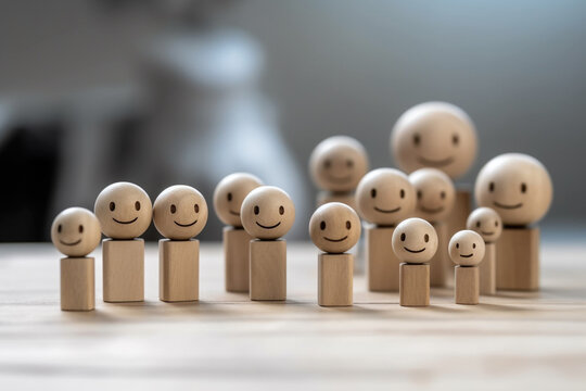 Bunch of natural wooden dolls painted with happy and smiling faces placed on a table, isolated on a blurred background. Generative AI.