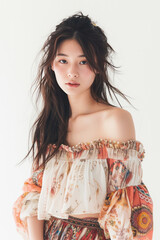 Full face no crop of a Pretty Young Japanese Super Model in a Boho-Chic Off-Shoulder Blouse and Flowy Skirt, exuding carefree elegance with a whimsical expression. photo on white isolated background