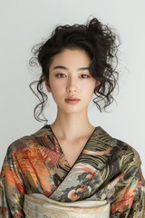Full face no crop of a Pretty Young Japanese Super Model in a Kimono-Inspired Wrap Top and High-Waisted Trousers, embracing traditional elegance with a serene gaze. photo on white isolated background