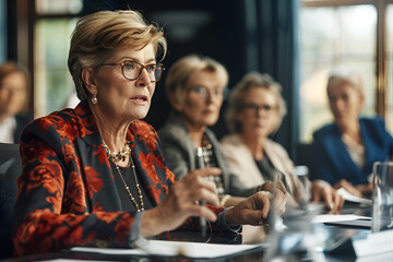 A professional woman in a meeting with colleagues, wearing a floral blazer and glasses.