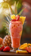 Strawberry Pineapple Mango Madness Shake Garnish with a slice of strawberry and a pineapple wedge, blur background, delicious food style, natural look