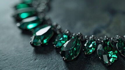 Elegant Green Gemstone Bracelet, Luxury Jewelry with Sparkling Emerald Cut Stones Set in Dark Metallic Setting, Close-up Detail