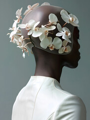 A side profile of a person with a head adorned with white orchids against a grey background.