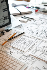 A drawing of a website design, hand-drawn UI layout