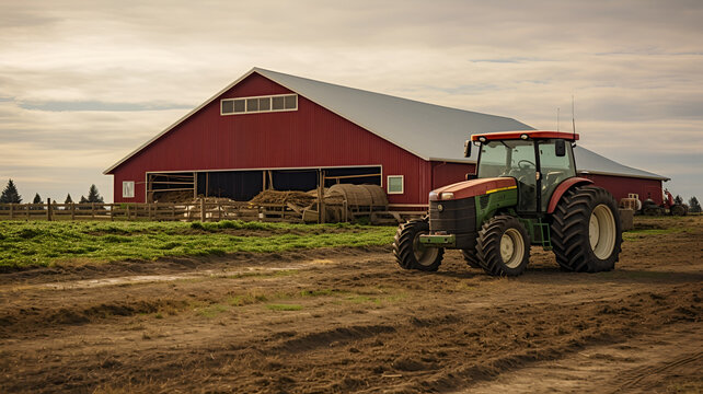 A tractor in front of a red barn on a farm with clouded sky.