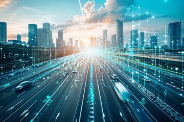 City road with digital effects, futuristic concept.